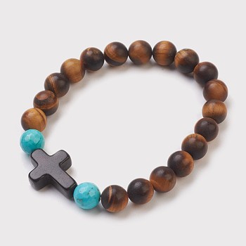 Handmade Porcelain Beads Stretch Bracelets, with Natural Tiger Eye and Synthetic Turquoise(Dyed) Beads, Frosted, Round, 2 inch(5.1cm)