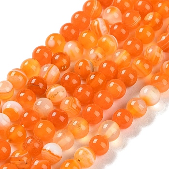 Natural Striped Agate/Banded Agate Beads Strands, Dyed, Round, Dark Orange, 6mm, Hole: 0.8mm, about 32pcs/strand, 7.60''(19.3cm)