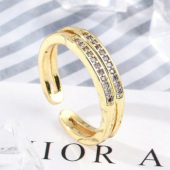 Brass Micro Pave Cubic Zirconia Open Cuff Rings for Women, Real 18K Gold Plated, Thistle, 4.5mm