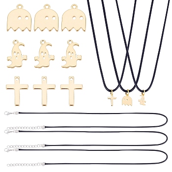 PandaHall Elite 16Pcs Halloween Theme DIY Necklaces Making Kits, Cross & Ghost Brass Charms, Waxed Cord Necklace Making, Platinum & Golden, 12.5x9x1mm, 4pcs/style