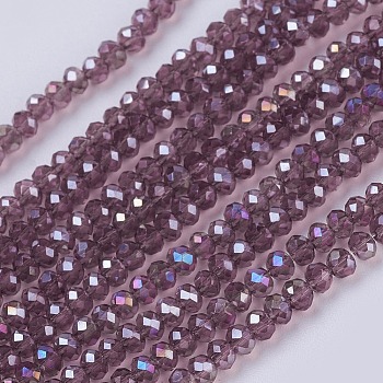 Electroplate Glass Beads Strands, Full Rainbow Plated, Faceted, Rondelle, Dark Orchid, 3x2mm, Hole: 0.8mm, about 185~190pcs/strand, 14.9~17.3 inch(38~44cm)