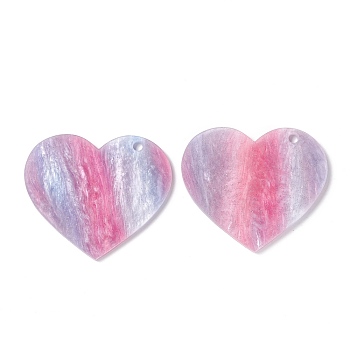 Acrylic Disc Pendants, with Glitter Powder, Imitation Gemstone Style, Heart, Hot Pink, 42.5x49.5x2~2.5mm, Hole: 2.8mm
