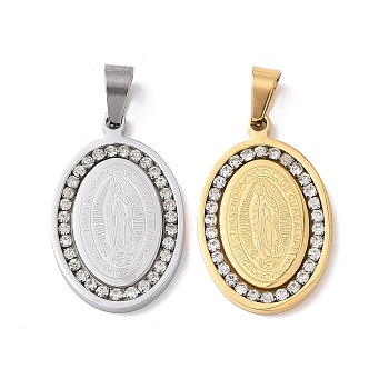 304 Stainless Steel Crystal Rhinestone Flat Oval with Virgin Mary Holy Pendants, Lady of Guadalupe Charms, Mixed Color, 34x22x3mm, Hole: 4.5x9mm