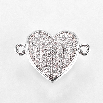 Brass Micro Pave Cubic Zirconia Links, Clear, Real Platinum Plated, Heart, 12x17.5x5.5mm, Hole: 1mm
