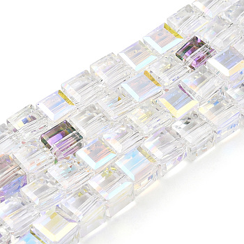 Electroplate Glass Beads Strands, AB Color Plated, Faceted, Cube, Clear AB, 7x7x7mm, Hole: 1.2mm, about 97pcs/strand, 26.26 inch(66.7cm).