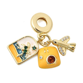 Brass Colorful Enamel European Dangle Charms, Plane Luggage Large Hole Pendants with Cubic Zirconia, Cadmium Free & Lead Free, Long-Lasting Plated, Rack Plating, Real 18K Gold Plated, 31mm, Hole: 4.5mm