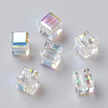Electroplate Glass Beads, Faceted, Cube, AB Color Plated, Crystal AB, 4x4x4mm, Hole: 1.2mm
