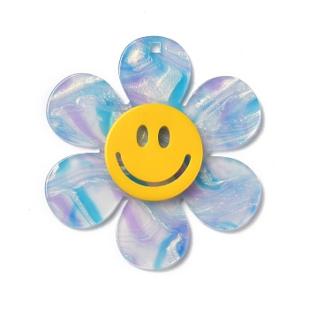 Two Tone Acrylic Big Pendants, Flower with Smiling Face, Sky Blue, 55x50x4.5mm, Hole: 1.8mm