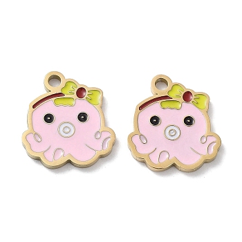 Ion Plating(IP) 304 Stainless Steel Enamel Pendants, Octopus Charm, Golden, Pink, 15x13.5x1.5mm, Hole: 1.8mm