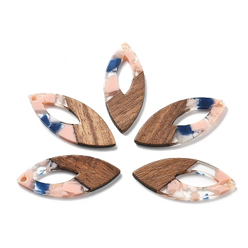 Resin and Walnut Pendants, Horse Eye, Pink, 38x15.5x3mm, Hole: 2mm, Inner Diameter: 16mm