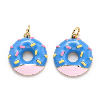 Brass Enamel Pendants, Real 18K Gold Plated, Long-Lasting Plated, Donut, Dodger Blue, 18x16x3.3mm, Hole: 3.6mm