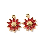 Brass Micro Pave Cubic Zirconia Pendants, Flower, Real 18K Gold Plated, FireBrick, 16x13x3mm, Hole: 1.4mm(KK-D373-04B-G)