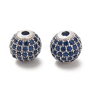 Rhodium Plated 925 Sterling Silver Micro Pave Cubic Zirconia Beads, Round, Real Platinum Plated, Dark Blue, 10x9mm, Hole: 2.2mm(STER-H110-24C-05P)