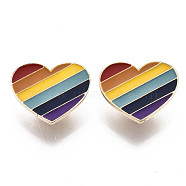 Alloy Brooches, Enamel Pin, with Brass Butterfly Clutches, Rainbow Heart, Light Gold, Colorful, 20x25x2mm, Pin: 1mm(JEWB-S011-060)