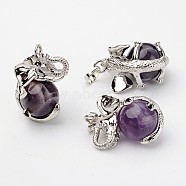 Natural Amethyst Pendants, Elephant, with Brass Findings, Platinum, Lead Free & Nickel Free, 31x20x26mm, Hole: 4x6mm(G-G884-C23-FF)