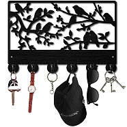 Black Wood & Iron Wall Mounted Hook Hangers, Decorative Organizer Rack, with 2Pcs Screws & 1Pc Screwdriver, 6 Hooks for Bag Clothes Key Scarf Hanging Holder, Bird, 300x200x7mm, Hole: 5mm(DIY-WH0601-009)