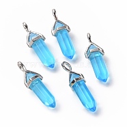 Bullet Glass Pointed Pendants, with Platinum Tone Brass Findings, Lead free and Cadmium Free, Light Sky Blue, 28~29.5x9~9.5x8mm, Hole: 4.5x3mm(GLAA-K058-02P-04)