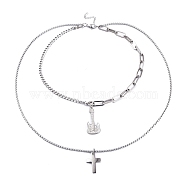 304 Stainless Steel Double Layer Necklaces, with Curb Chains & Paperclip Chains & Box Chains, Cross and Guitar, Stainless Steel Color, 17.99 inch(45.7cm)(NJEW-M181-07P)