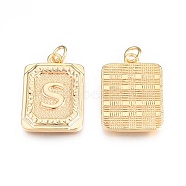 Brass Pendants, with Jump Rings, Cadmium Free & Nickel Free & Lead Free, Rectangle with Letter, Real 18K Gold Plated, Letter.S, 22.5x16x2mm, Jump Ring: 5x1mm, 3mm inner diameter(KK-N232-512S)