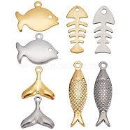 32Pcs 8 Style 201 & 304 Stainless Steel Charms, Laser Cut, Fish & Fishbone & Fishtail, Golden & Stainless Steel Color, 11~21x6~14x0.7~2.5mm, Hole: 1~1.6mm, 4pcs/style(STAS-SC0004-35)