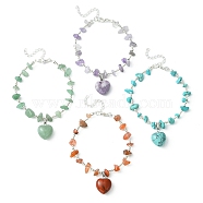 4Pcs 4 Style Natural Mixed Gemstone Heart Charm Bracelets Set with Chips Beaded Chains, Brass Stackable Bracelets, 9 inch(22.8cm), 1Pc/style(BJEW-TA00295)