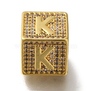 Brass Cubic Zirconia Beads, Letter K, Square, Letter K, 9.5x9.5x9.5mm, Hole: 6mm(KK-Q818-01K-G)