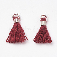Polycotton(Polyester Cotton) Tassel Pendant Decorations, Mini Tassel, with Brass Findings, Platinum, Brown, 10~15x3~4mm, Hole: 2mm(FIND-S275-20P)