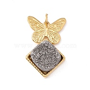 Electroplated Natural Druzy Quartz Pendants, with Ion Plating(IP) 304 Stainless Steel Findings, Hematite Plated, Butterfly & Rhombus, Golden, 27mm, Jump Ring: 5x0.6mm, 3.8mm Inner Diameter(G-K243-01G)