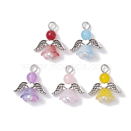 Natural Dyed Malaysia Jade Pendants, Flower Angel Charms with Antique Silver Plated Alloy Wings, Mixed Color, 23x20x11mm, Hole: 3~3.4mm(PALLOY-JF02661-03)