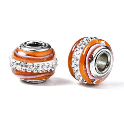 Handmade Lampwork European Beads, with Polymer Clay Rhinestone, Large Hole Rondelle Beads, with Platinum Tone Brass Double Cores, Rondelle, Orange, 14x11mm, Hole: 4.5mm(LPDL-N001-045H)