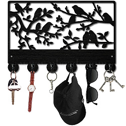 Black Wood & Iron Wall Mounted Hook Hangers, Decorative Organizer Rack, with 2Pcs Screws & 1Pc Screwdriver, 6 Hooks for Bag Clothes Key Scarf Hanging Holder, Bird, 300x200x7mm, Hole: 5mm(DIY-WH0601-009)