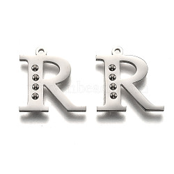 304 Stainless Steel Letter Pendant Rhinestone Settings, Letter.R, 15.5x15x1.5mm, Hole: 1.2mm, Fit of: 1.6mm rhinestone(STAS-Y006-61P-R)
