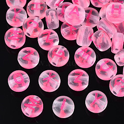 Transparent Acrylic Beads, Frosted, Flat Round with Random Letter, Deep Pink, 6.5x7x4mm, Hole: 1.8mm, about 3600~3700pcs/500g(MACR-N008-53)