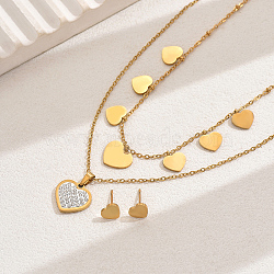 Elegant Vintage Stainless Steel Rhinestone Heart-shaped Stud Earrings & Double-layer Necklace Sets for Women, Real 18K Gold Plated, Necklaces: 17.32 inch(44cm)(AW6006)