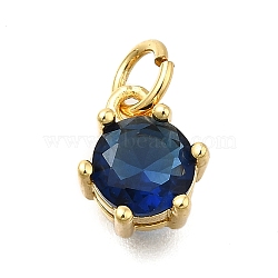 Brass Pave Cubic Zirconia Pendants, Round Charms, With Jump Ring, Long-Lasting Plated, Lead Free & Cadmium Free, Rack Plating, Real 18K Gold Plated, Marine Blue, 8.5x7.5x5mm, Hole: 3.2mm(KK-V002-23G-04)