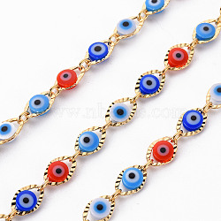 Handmade Brass Chains, with Enamel Acrylic Beads, Soldered, Spool, Evil Eye, Textured, Real 18K Gold Plated, Colorful, 3x2.5x0.5mm, about 16.4 Feet(5m)/roll(CHC-S012-034A)