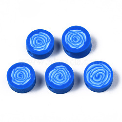 Handmade Polymer Clay Beads, for DIY Jewelry Crafts Supplies, Flat Round with Flower, Dodger Blue, 9.5x3.5~5mm, Hole: 1.8mm(CLAY-N008-022C)