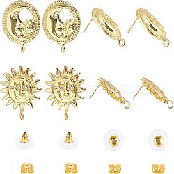 Nbeads 4 Pairs 2 Style Brass Stud Earring Findings, with Loop and Cubic Zirconia, Sun & Moon, Golden, 23x18.5~20x3~4mm, Hole: 1.6mm, Pin: 0.7~1mm, 2 pairs/style(KK-NB0002-50)