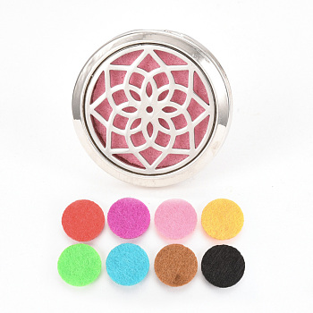 Alloy Car Diffuser Locket Clips, with Flower 304 Stainless Steel Findings and Random Single Color Non-Woven Fabric Cabochons Inside, Magnetic, Flat Round, Random Single Color, 36.5x30.5mm