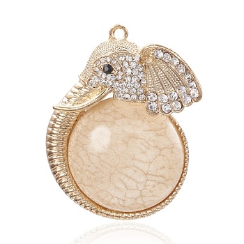 Alloy Resin Animal Big Pendants, with Rhinestone, Elephant Necklaces Charms, Golden, Linen, 60x43x15mm, Hole: 2mm
