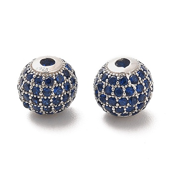 Rhodium Plated 925 Sterling Silver Micro Pave Cubic Zirconia Beads, Round, Real Platinum Plated, Dark Blue, 10x9mm, Hole: 2.2mm
