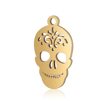 304 Stainless Steel Pendants, Sugar Skull, For Mexico Holiday Day of the Dead, Golden, 18x10.5x0.8mm, Hole: 1mm