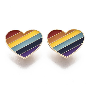 Alloy Brooches, Enamel Pin, with Brass Butterfly Clutches, Rainbow Heart, Light Gold, Colorful, 20x25x2mm, Pin: 1mm