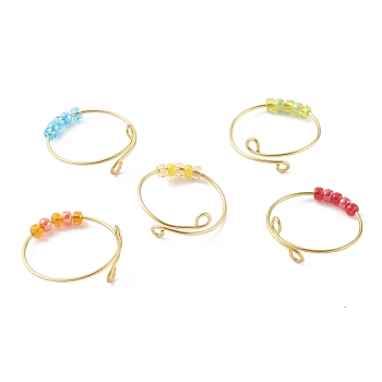 Adjustable Brass Cuff Rings, Fidget Rings, Anxiety Bead Rings, with Round Glass Beads, Golden, Mixed Color, US Size 10 1/2(20.1mm)