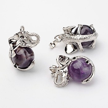 Natural Amethyst Pendants, Elephant, with Brass Findings, Platinum, Lead Free & Nickel Free, 31x20x26mm, Hole: 4x6mm