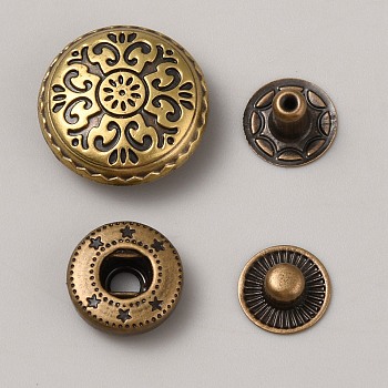Alloy Snap Button, Cotton-padded Clothes Coat Down Jacket Buckle, Flat Round with Flower, Antique Bronze, 18x7mm, 4pcs/set