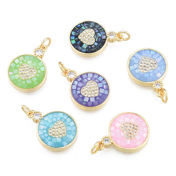 Natural Abalone Shell/Paua Shell Pendants, with Brass Micro Pave Clear Cubic Zirconia Findings and Jump Rings, Dyed, Nickel Free, Real 18K Gold Plated, Flat Round with Heart Charm, Mixed Color, 19.5x14x3.5mm, Jump Rings: 5mm in diameter, 1mm thick, 3mm inner diameter