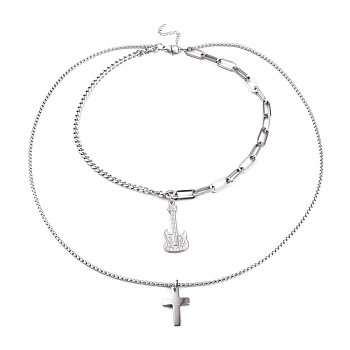 304 Stainless Steel Double Layer Necklaces, with Curb Chains & Paperclip Chains & Box Chains, Cross and Guitar, Stainless Steel Color, 17.99 inch(45.7cm)