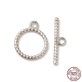 Rhodium Plated 925 Sterling Silver Toggle Clasps, Twist Ring, Real Platinum Plated, Ring: 12x10x1mm, Hole: 1.4mm, Bar: 15x3.5x1mm, Hole: 1.4mm