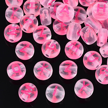 Transparent Acrylic Beads, Frosted, Flat Round with Random Letter, Deep Pink, 6.5x7x4mm, Hole: 1.8mm, about 3600~3700pcs/500g